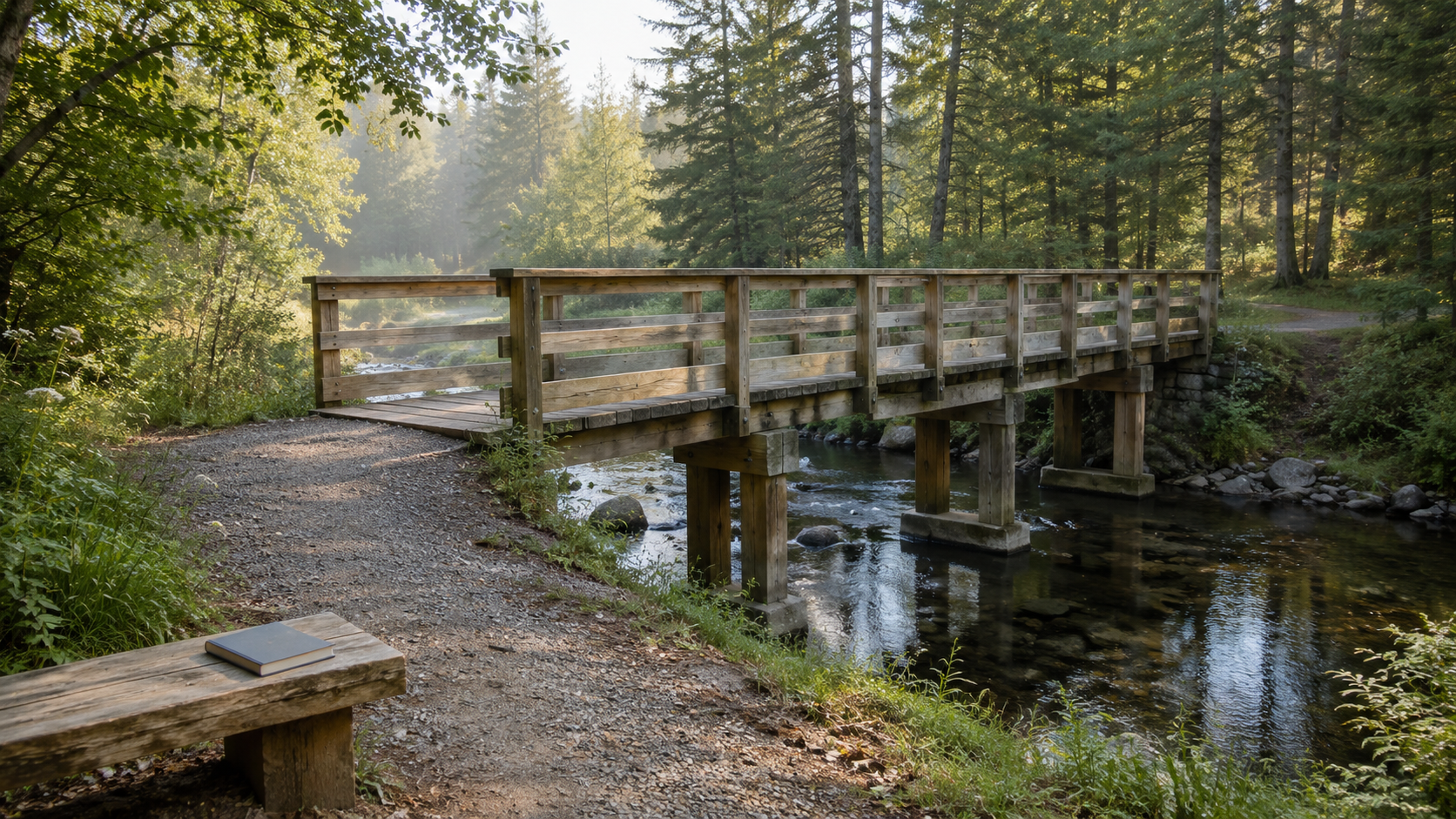 A quiet bridge through a wooded path, illustrating OAS as one part of a broader retirement income path.