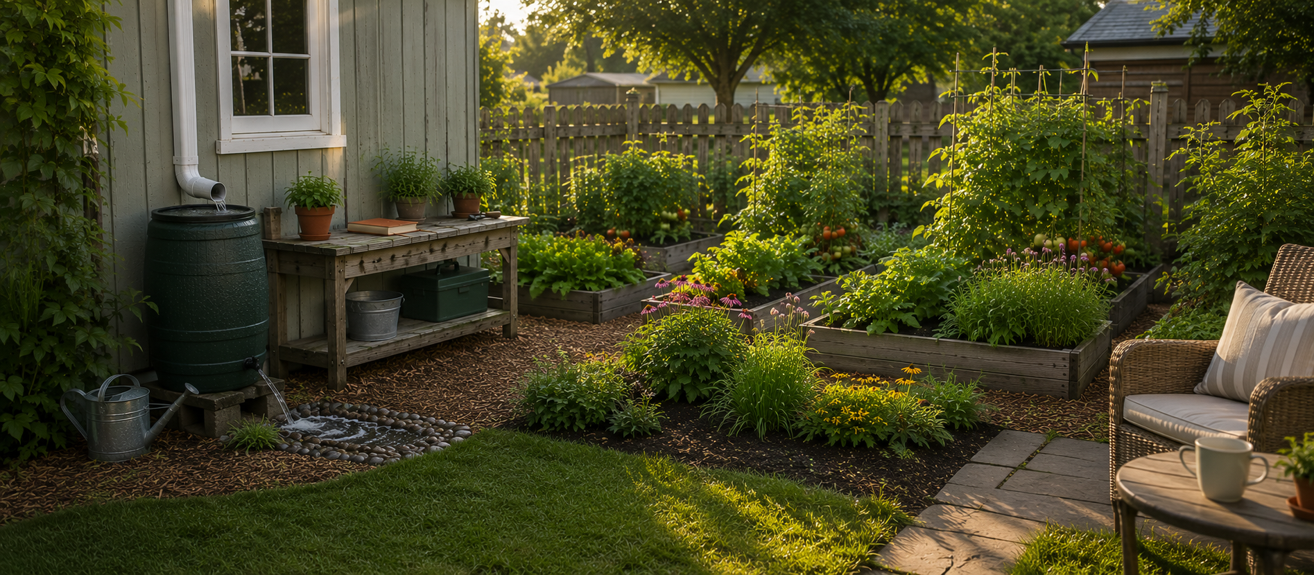 A retirement garden beside a rain barrel and seating area, suggesting that OAS recovery is one part of a broader income system.