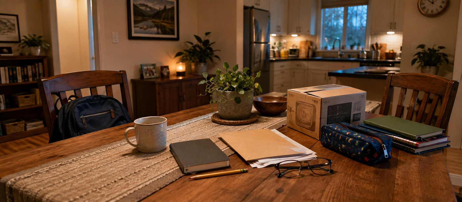 A household table with documents, books, a backpack and a parcel, illustrating that different borrowing purposes can share one household budget.