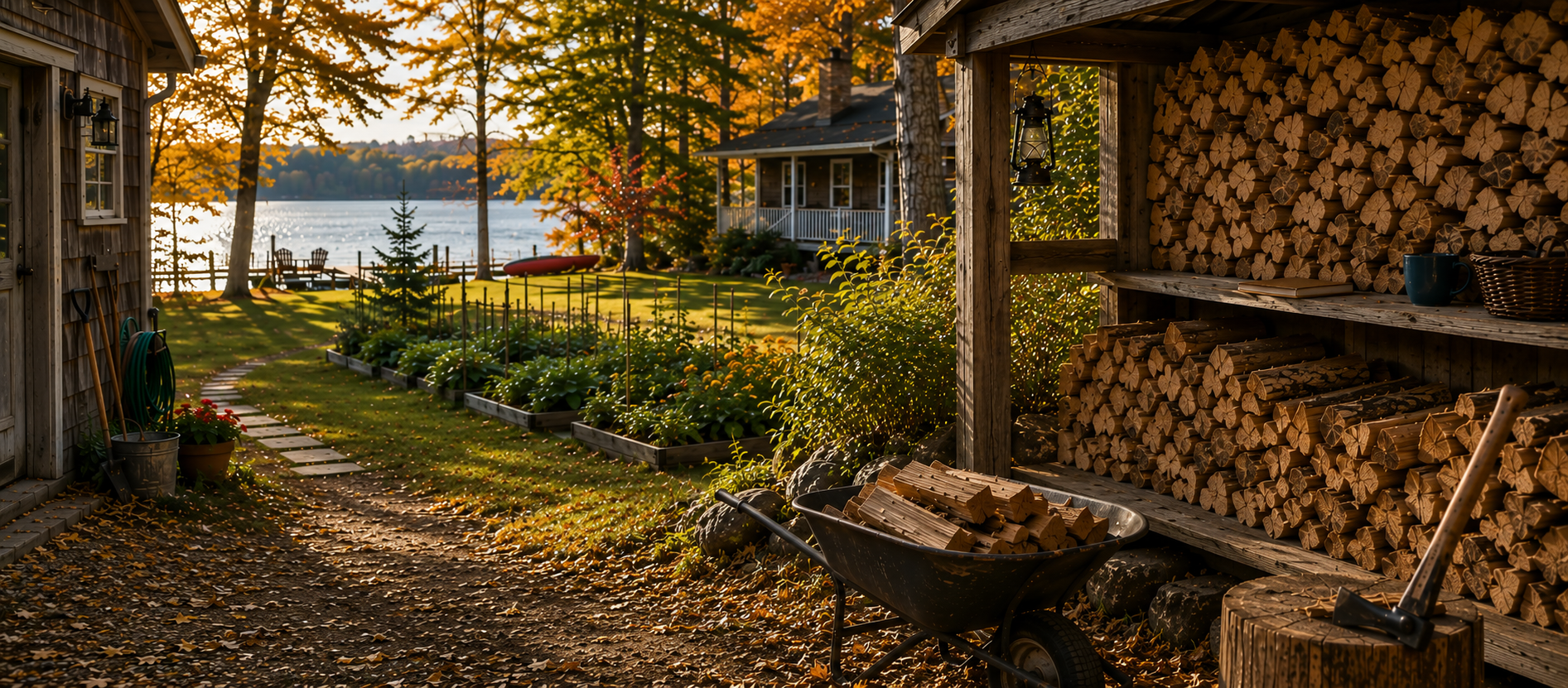 A lakeside wood shed and stacked firewood representing retirement resources being drawn down over time.