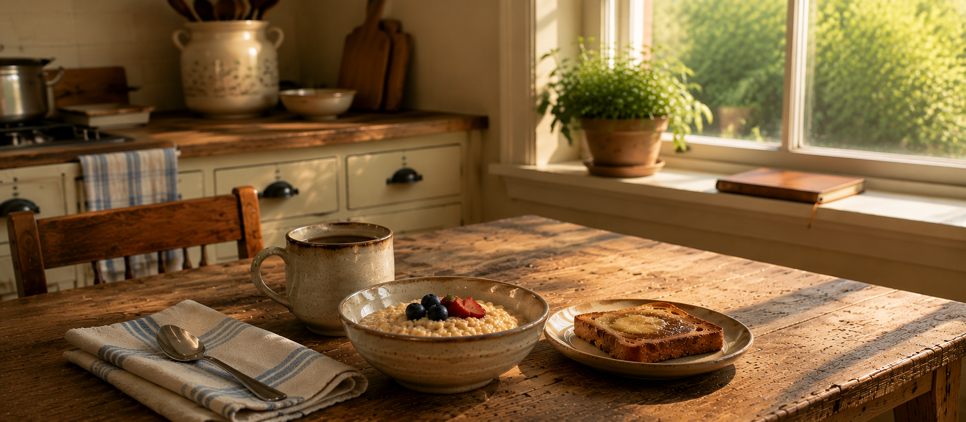 A breakfast table with a notebook, representing retirement income needs tied to everyday spending.