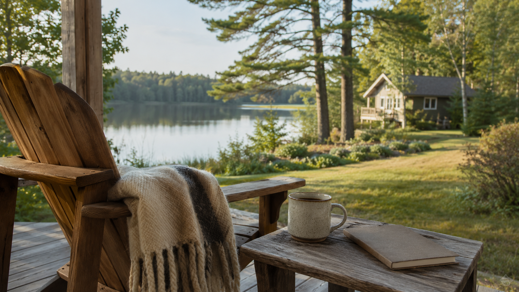 A quiet lakeside chair, notebook, and mug representing retirement lifestyle planning.