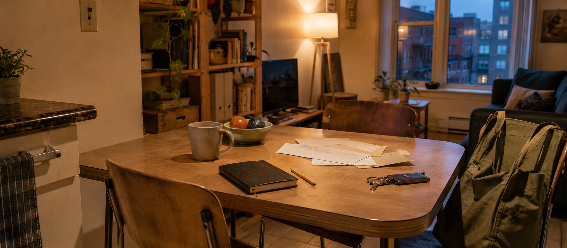 A household table with statements, a notebook and everyday belongings arranged for a cash-flow review.
