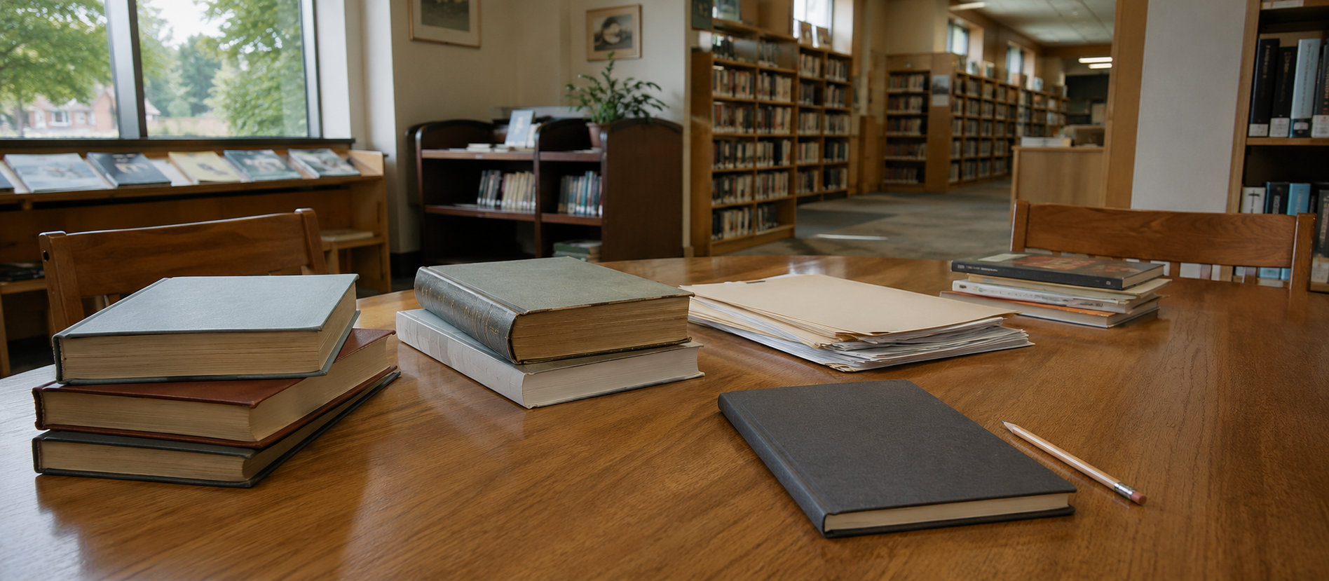 A library table with books and planning documents, representing projection version records and source-data review.