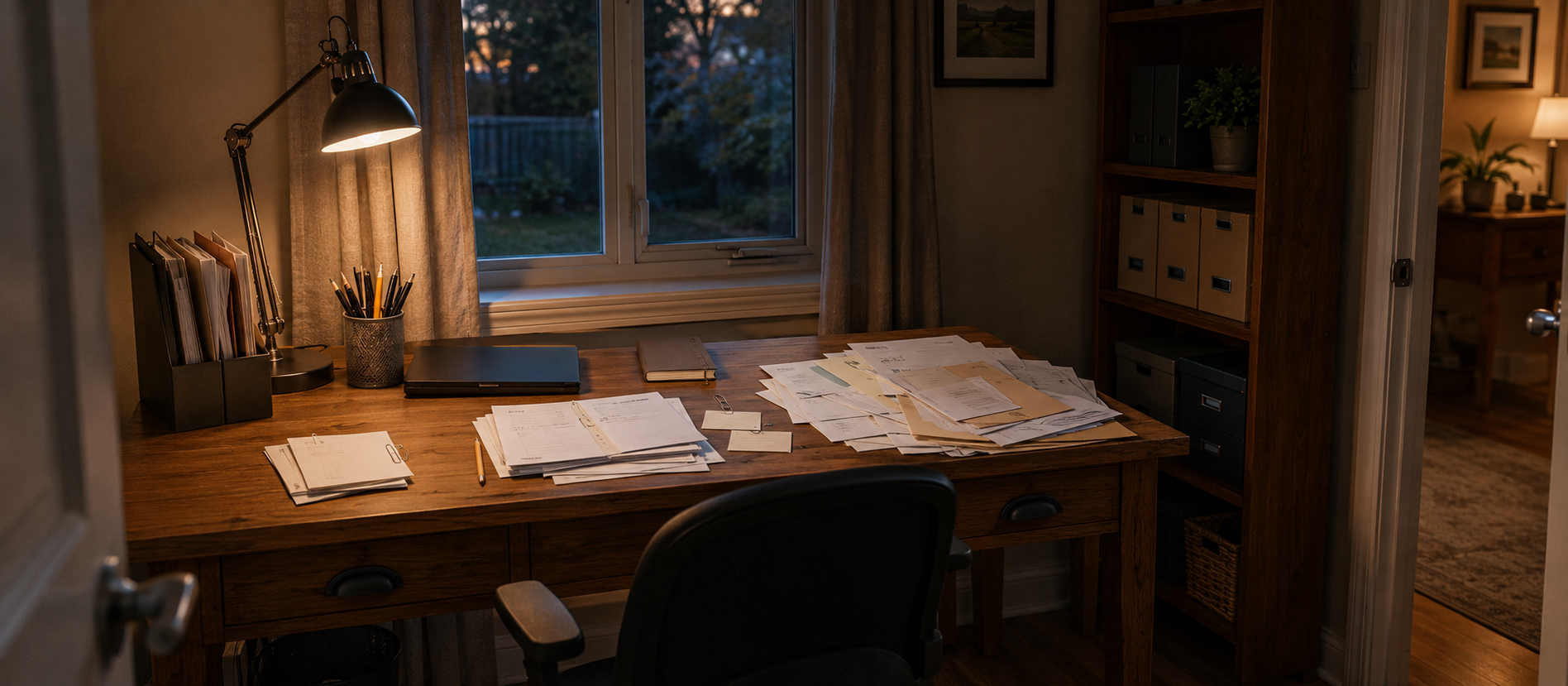 A desk with several organized stacks of statements and papers, illustrating the need to inventory debts before comparing repayment order.