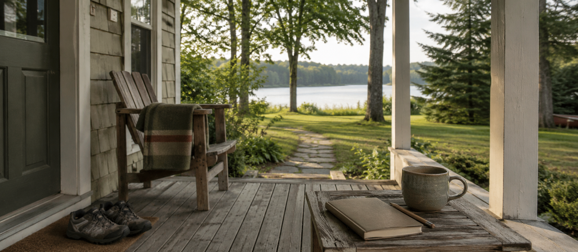 A quiet cottage porch with shoes, a notebook, and a lake path, representing practical retirement readiness before stepping into a new stage.