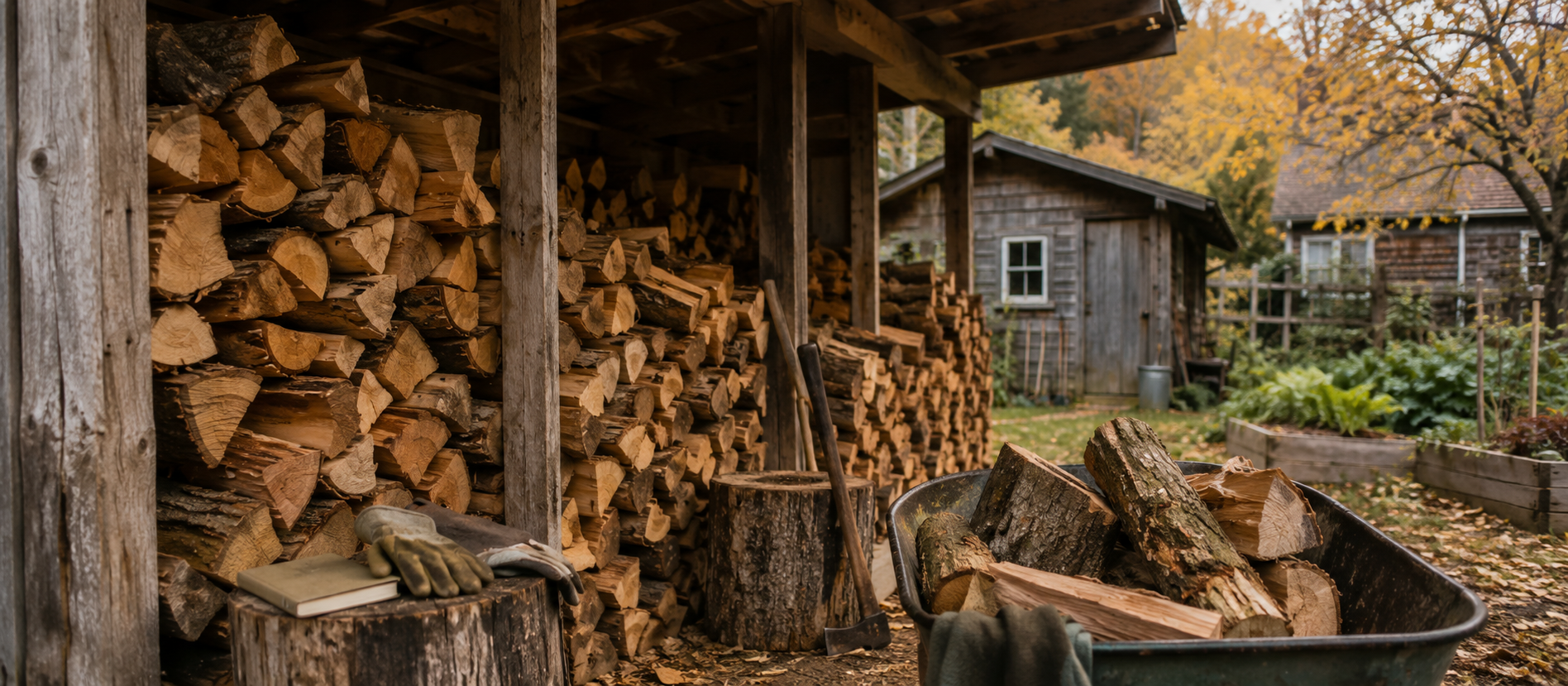 Stacked firewood, tools, and a garden shed, representing resilience planning and preparation for less favourable retirement scenarios.
