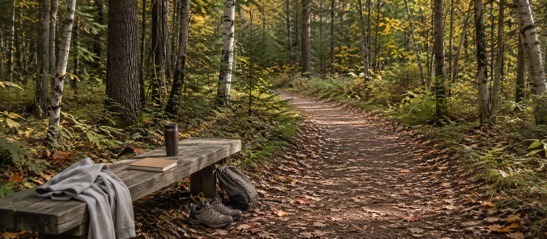 A forest trail with hiking shoes, a backpack, a notebook, and a bench, representing lifestyle, housing, work, and practical retirement choices.
