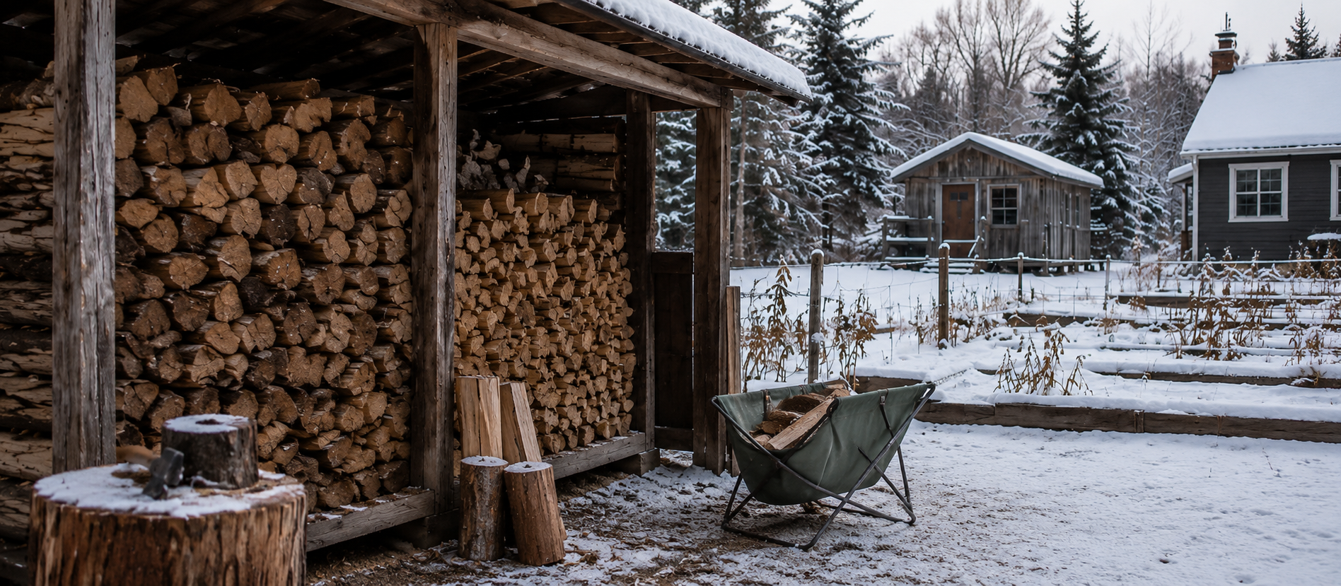 Stacked firewood beside a snowy home, representing separate retirement income layers.