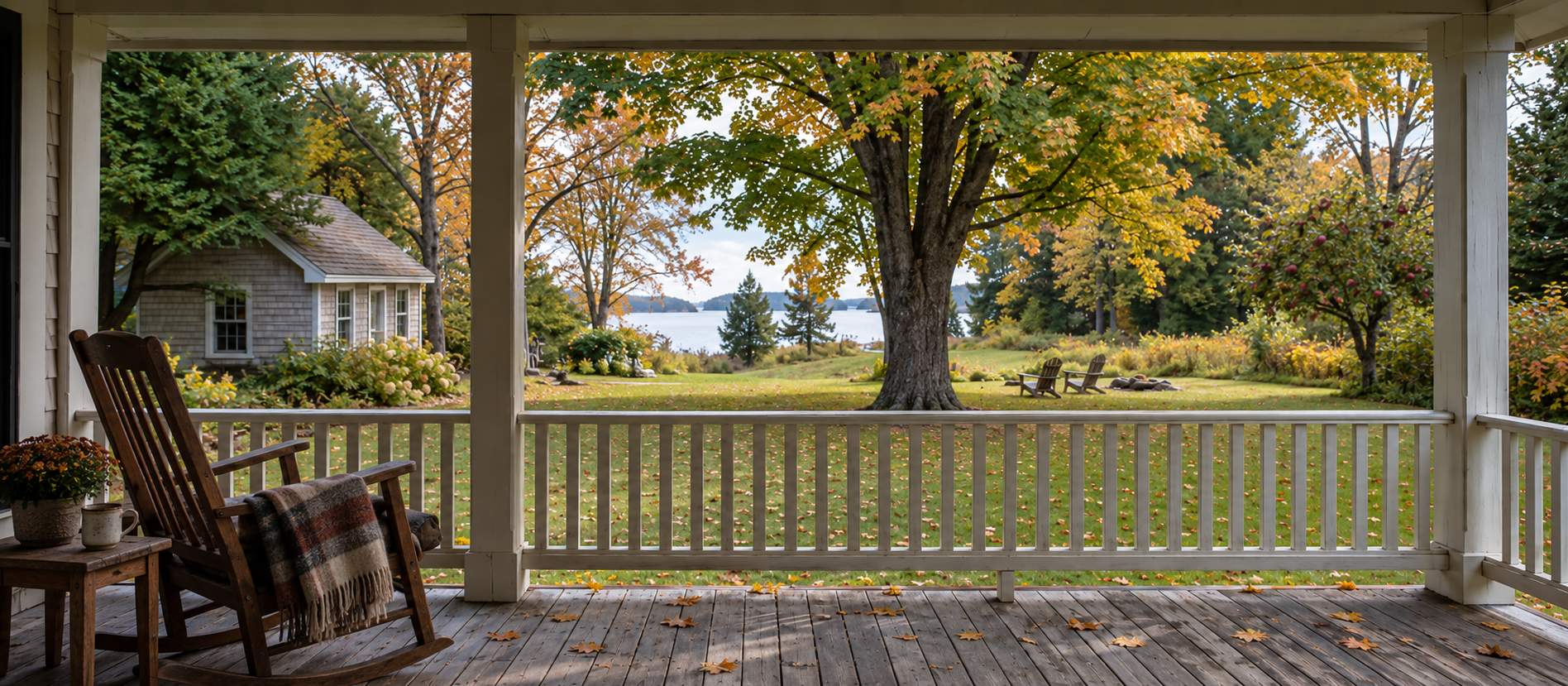 A quiet porch overlooking an autumn yard and lake.
