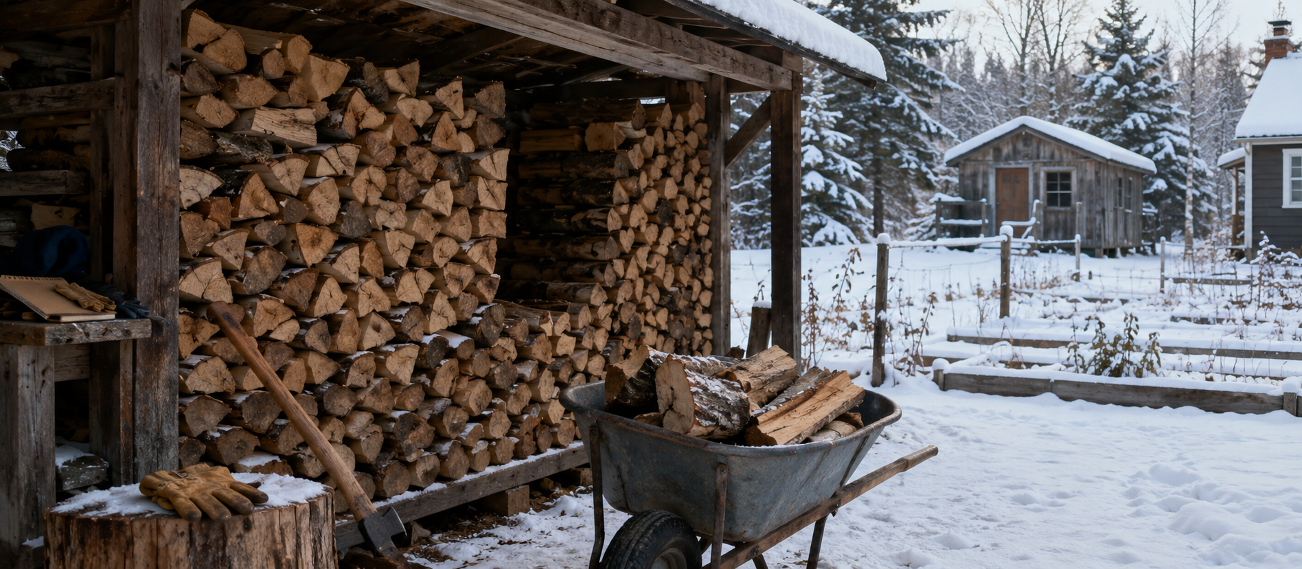 Stacked firewood and a wheelbarrow outside a winter shed, representing reserves and resilience during difficult early retirement markets.