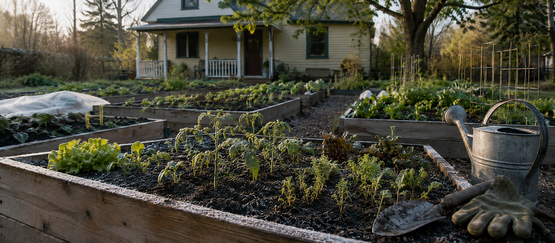 Raised garden beds and a watering can in spring, representing scenario testing and recovery paths in retirement planning.