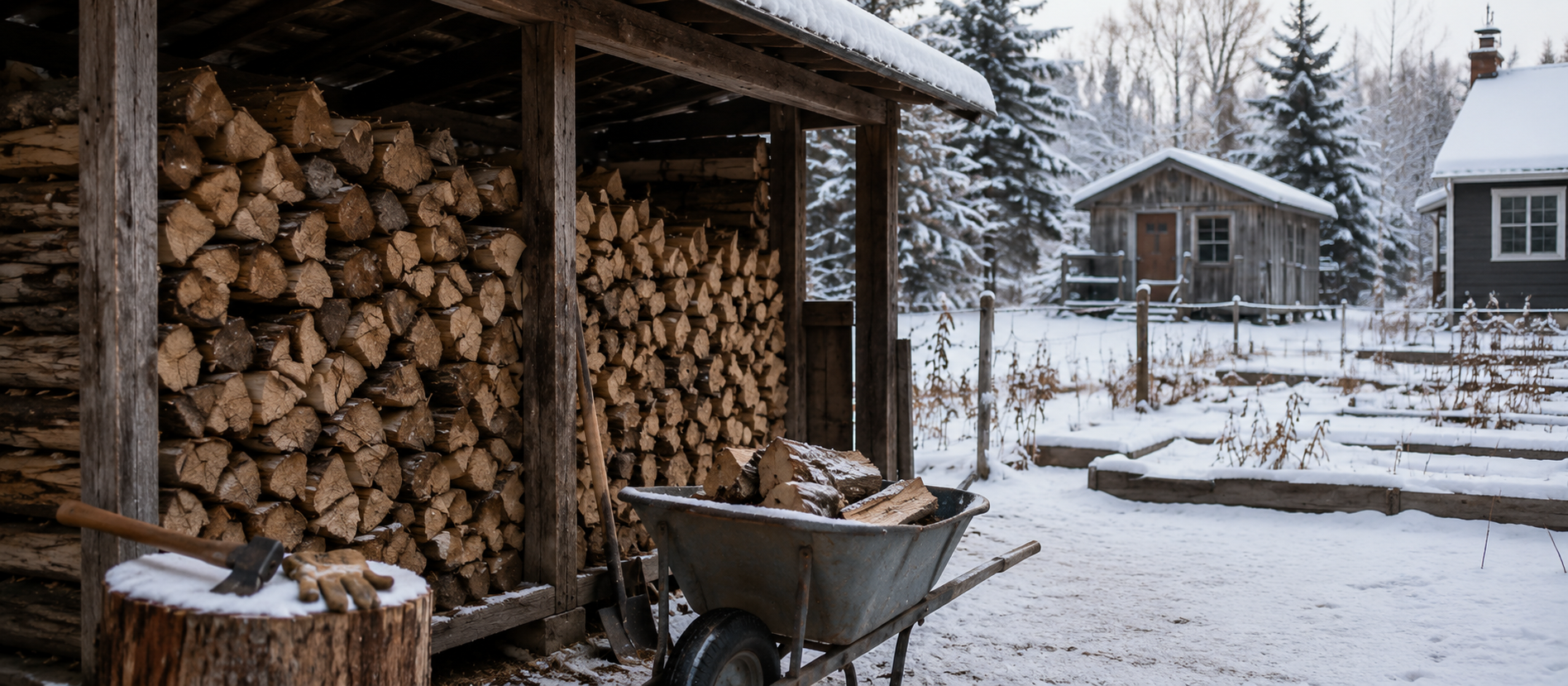 Stacked firewood beside a wheelbarrow in winter, representing reserves and spending flexibility during retirement withdrawals.