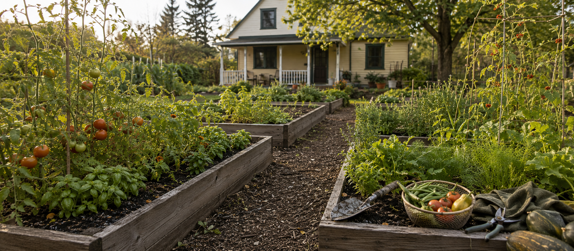 Raised garden beds with vegetables near a home, representing spending categories and flexible harvests over time.