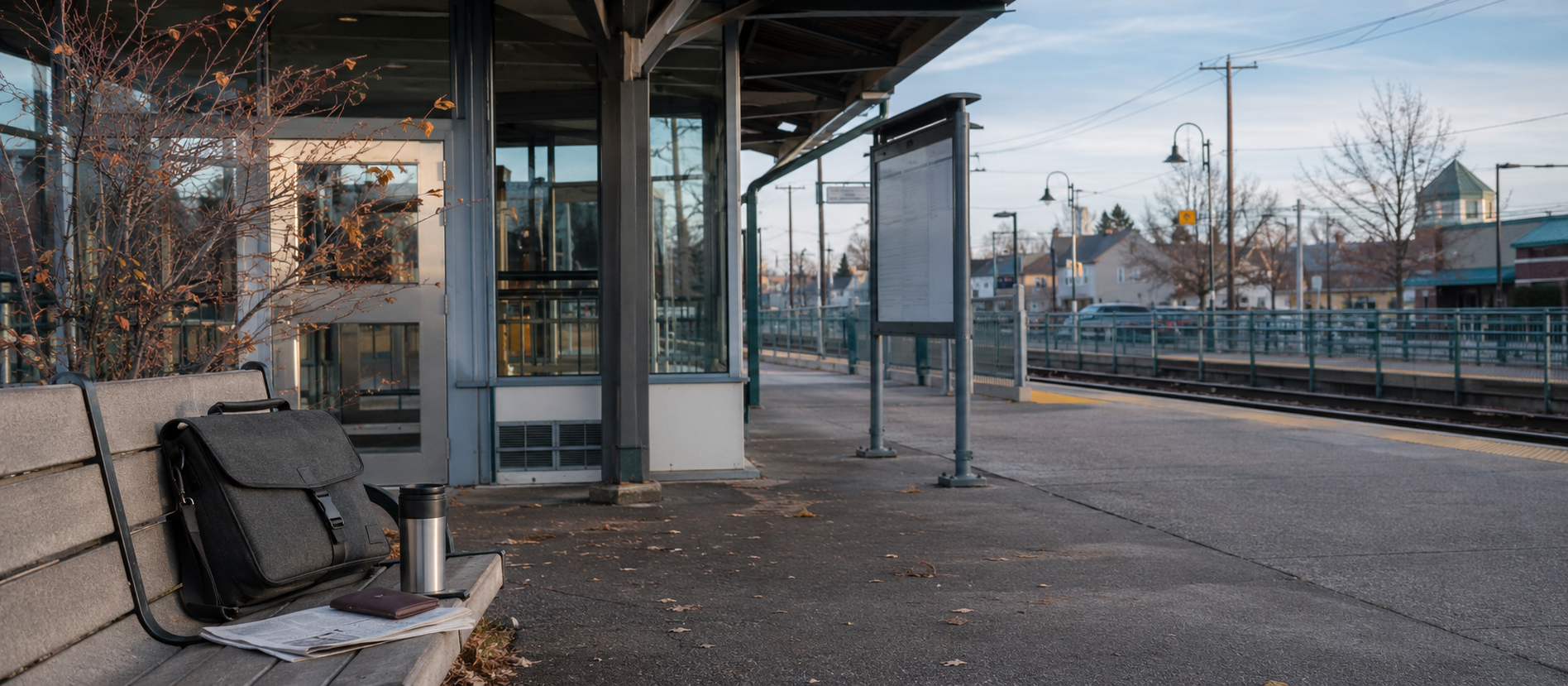 Un quai de train calme avec un sac de travail et des documents, évoquant le travail qui continue après le début des prestations de retraite.