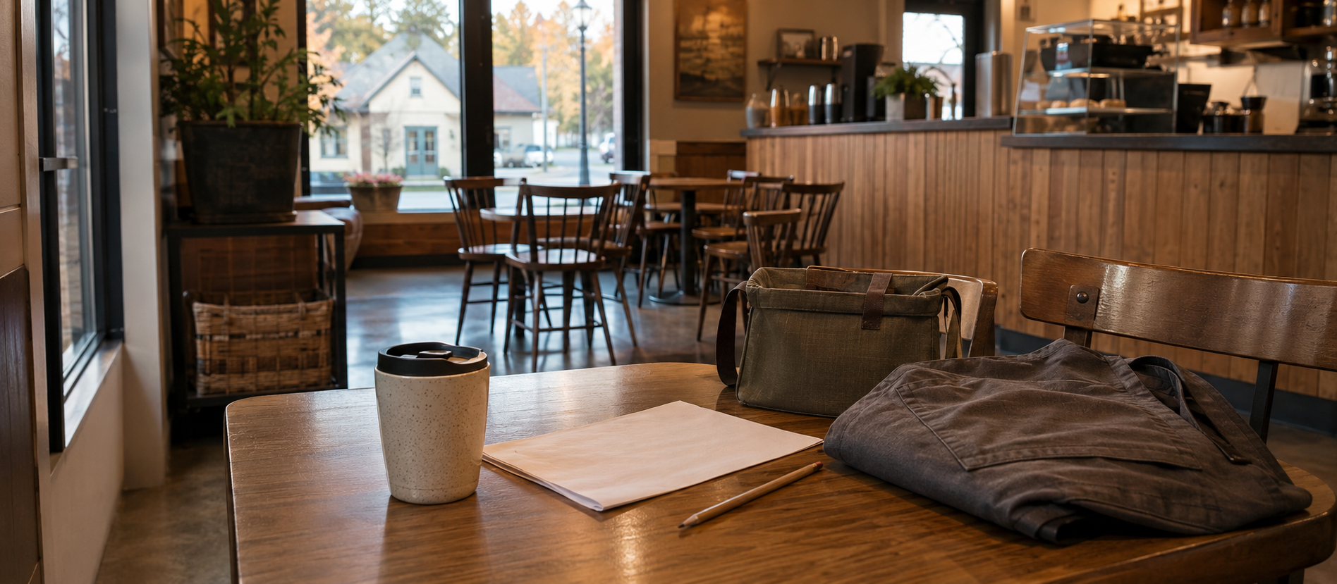 Une table de café avec des documents, un téléphone et un sac de travail, évoquant l’examen pratique des choix de cotisation et de prestations.
